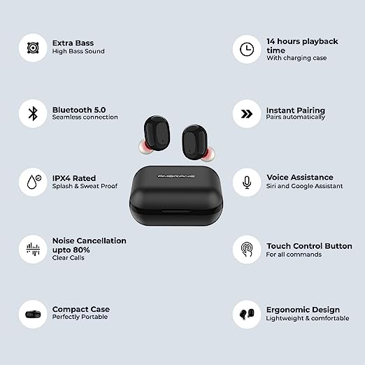 Ambrane NanoBuds True Wireless Earbuds with Immersive HD Sound Quality, Up to 14 Hours Battery with Charging Case, Touch Controls, Latest Bluetooth Technology, inbuilt Mic for Calls (Black) Ambrane NanoBuds True Wireless Earbuds with Immersive HD Sound Quality, Up to 14 Hours Battery with Charging Case, Touch Controls, Latest Bluetooth Technology, inbuilt Mic for Calls (Black)